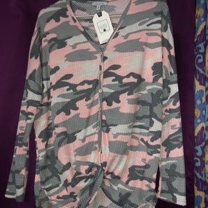 Brand new tie front pink camo waffle top